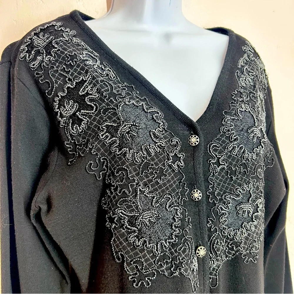 Carole Little Vintage Knit Sweater Dress Size L Beaded Embroidered Whimsigoth